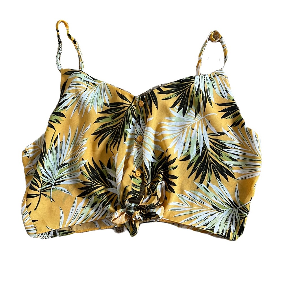 super cute trendy palm leaves yellow print shirt crop top spaghetti strap
